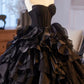 Black Layered Tulle Prom Dress, Black A-Line Strapless Long Evening Party Dress