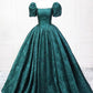 Elegant Printed Pattern Floor Length Prom Dress, Dark Green Short Sleeve Formal Dress