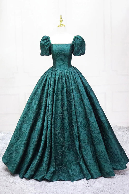 Elegant Printed Pattern Floor Length Prom Dress, Dark Green Short Sleeve Formal Dress