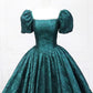 Elegant Printed Pattern Floor Length Prom Dress, Dark Green Short Sleeve Formal Dress