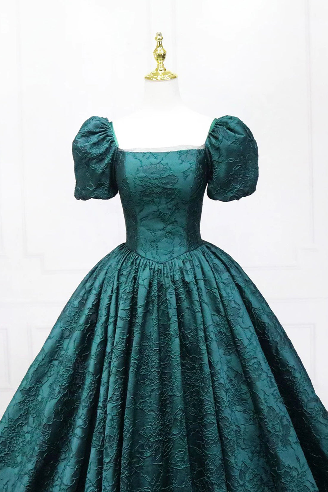 Elegant Printed Pattern Floor Length Prom Dress, Dark Green Short Sleeve Formal Dress