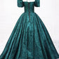 Elegant Printed Pattern Floor Length Prom Dress, Dark Green Short Sleeve Formal Dress