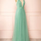 Sage Green V-Neck Tulle Long Prom Dress, Simple Backless Evening Dress
