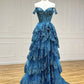 Blue Tulle Sequins Long Prom Dress, Off the Shoulder Evening Party Dress