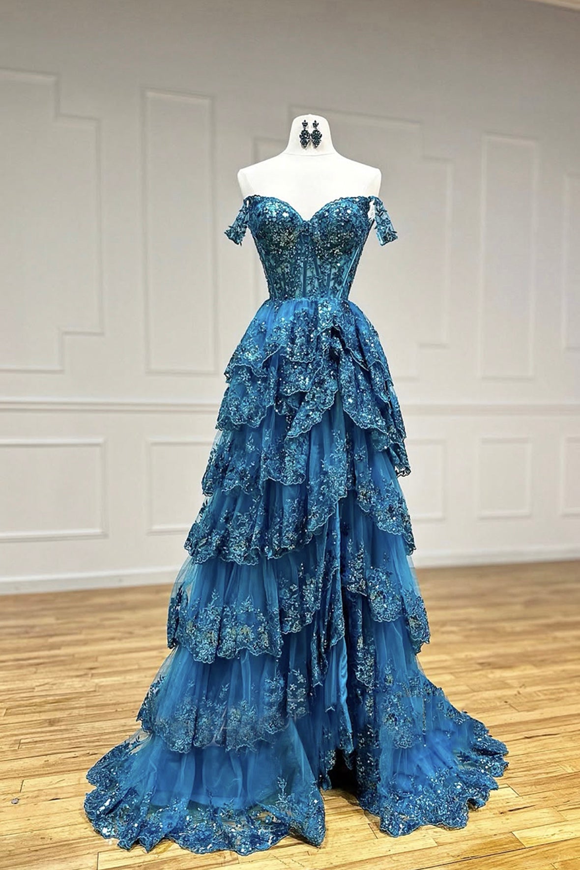 Blue Tulle Sequins Long Prom Dress, Off the Shoulder Evening Party Dress