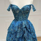 Blue Tulle Sequins Long Prom Dress, Off the Shoulder Evening Party Dress