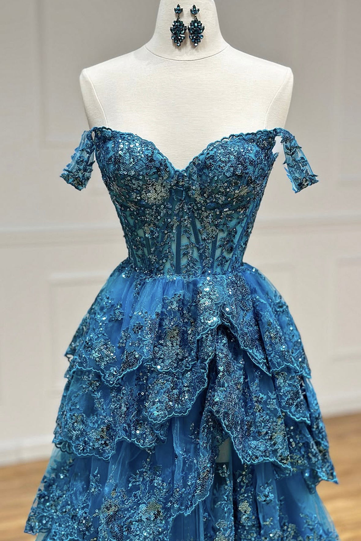 Blue Tulle Sequins Long Prom Dress, Off the Shoulder Evening Party Dress