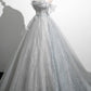A-Line Off the Shoulder Tulle Prom Dress, Gray Corset Floor Length Party Dress