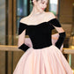 Black Velvet and Pink Satin Long Prom Dress, Off the Shoulder A-Line Evening Party Dress