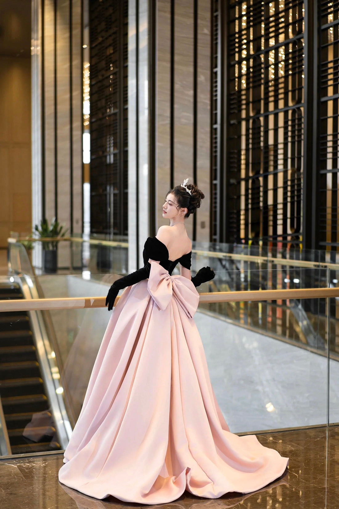 Black Velvet and Pink Satin Long Prom Dress, Off the Shoulder A-Line Evening Party Dress