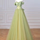 Green Spaghetti Strap Tulle Long Prom Dress, Beautiful A-Line Evening Party Dress