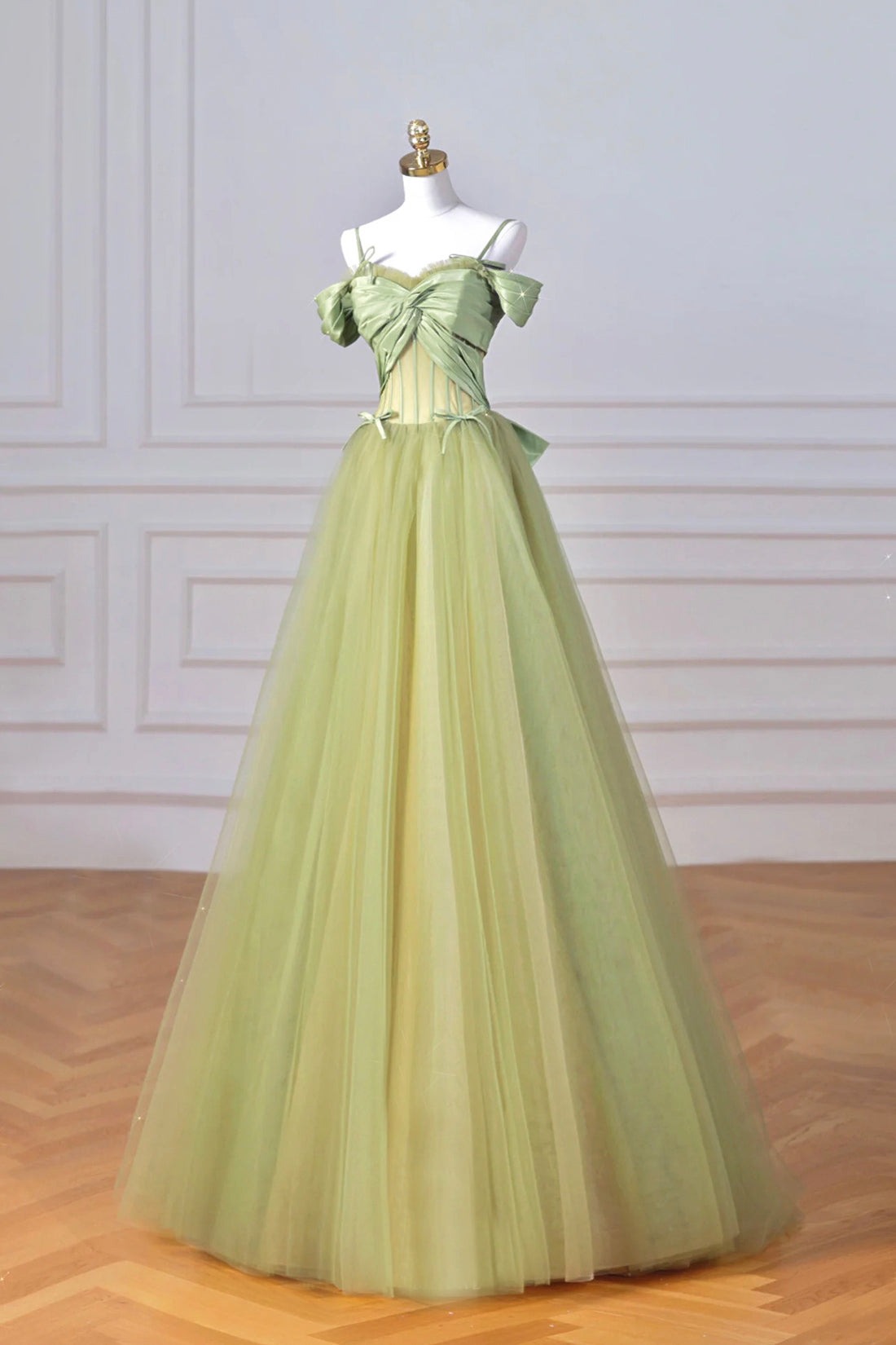 Green Spaghetti Strap Tulle Long Prom Dress, Beautiful A-Line Evening Party Dress