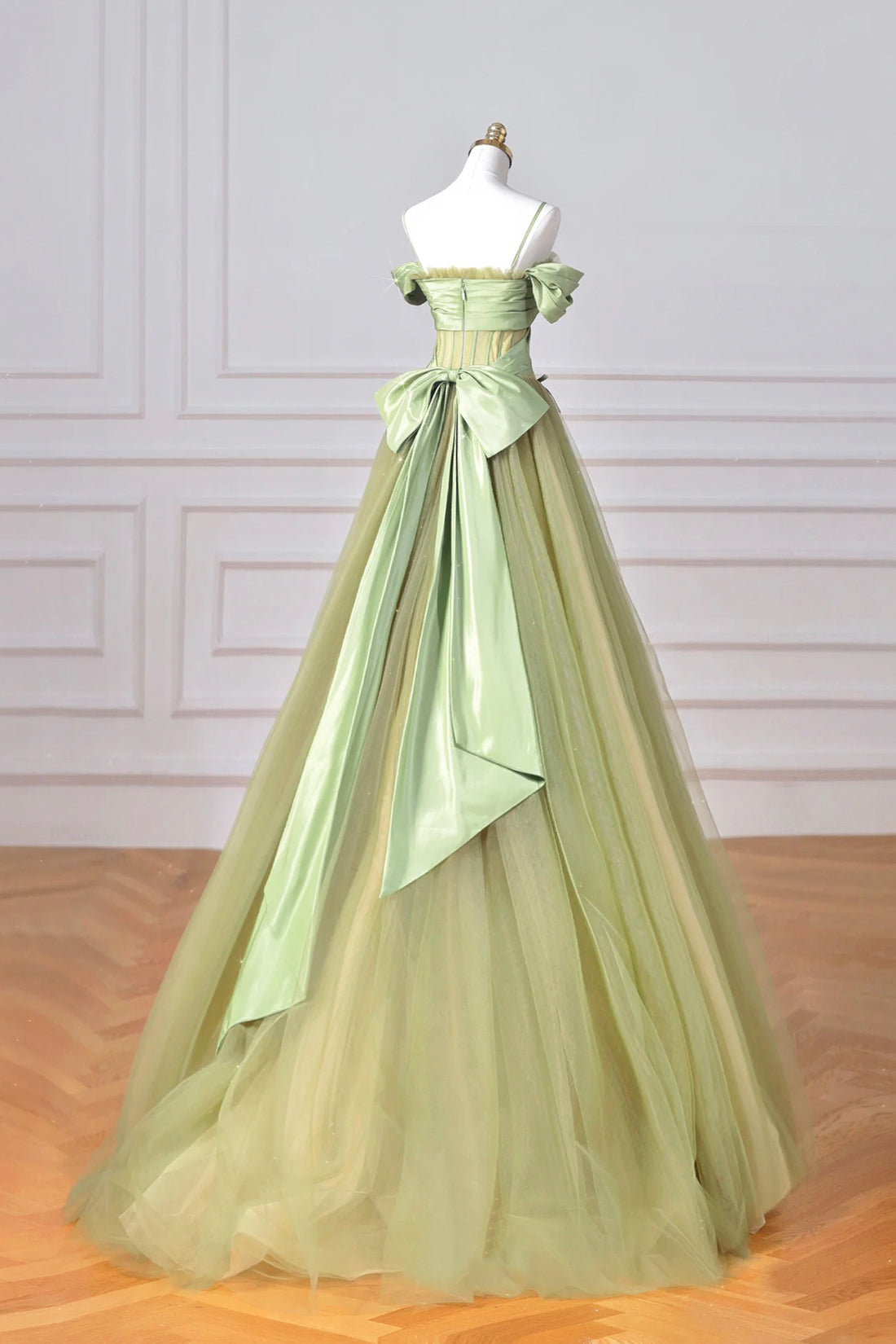 Green Spaghetti Strap Tulle Long Prom Dress, Beautiful A-Line Evening Party Dress