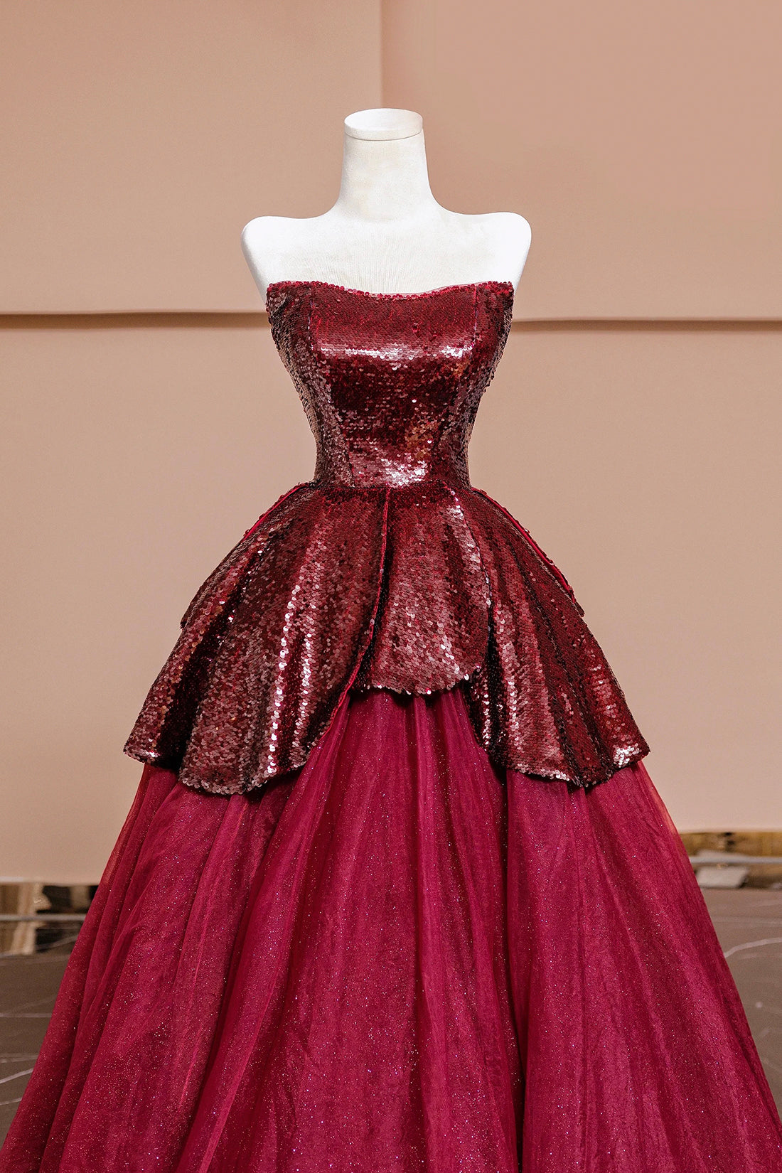 Burgundy Tulle Sequins Long Prom Dress, A-Line Strapless Evening Party Dress