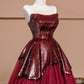 Burgundy Tulle Sequins Long Prom Dress, A-Line Strapless Evening Party Dress