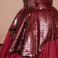 Burgundy Tulle Sequins Long Prom Dress, A-Line Strapless Evening Party Dress