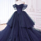 Navy Tulle Beads Long Prom Dress, Off the Shoulder Evening Party Dress