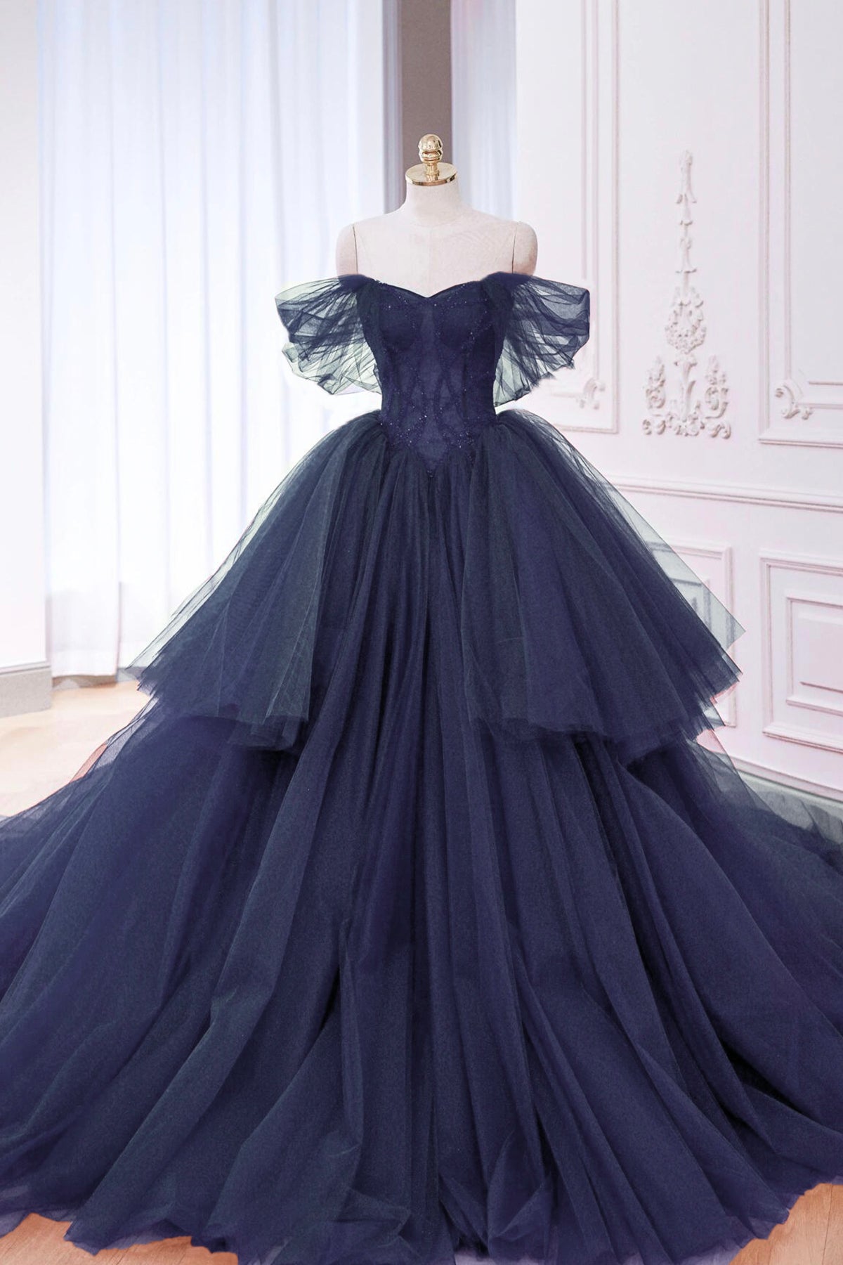 Navy Tulle Beads Long Prom Dress, Off the Shoulder Evening Party Dress