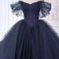 Navy Tulle Beads Long Prom Dress, Off the Shoulder Evening Party Dress