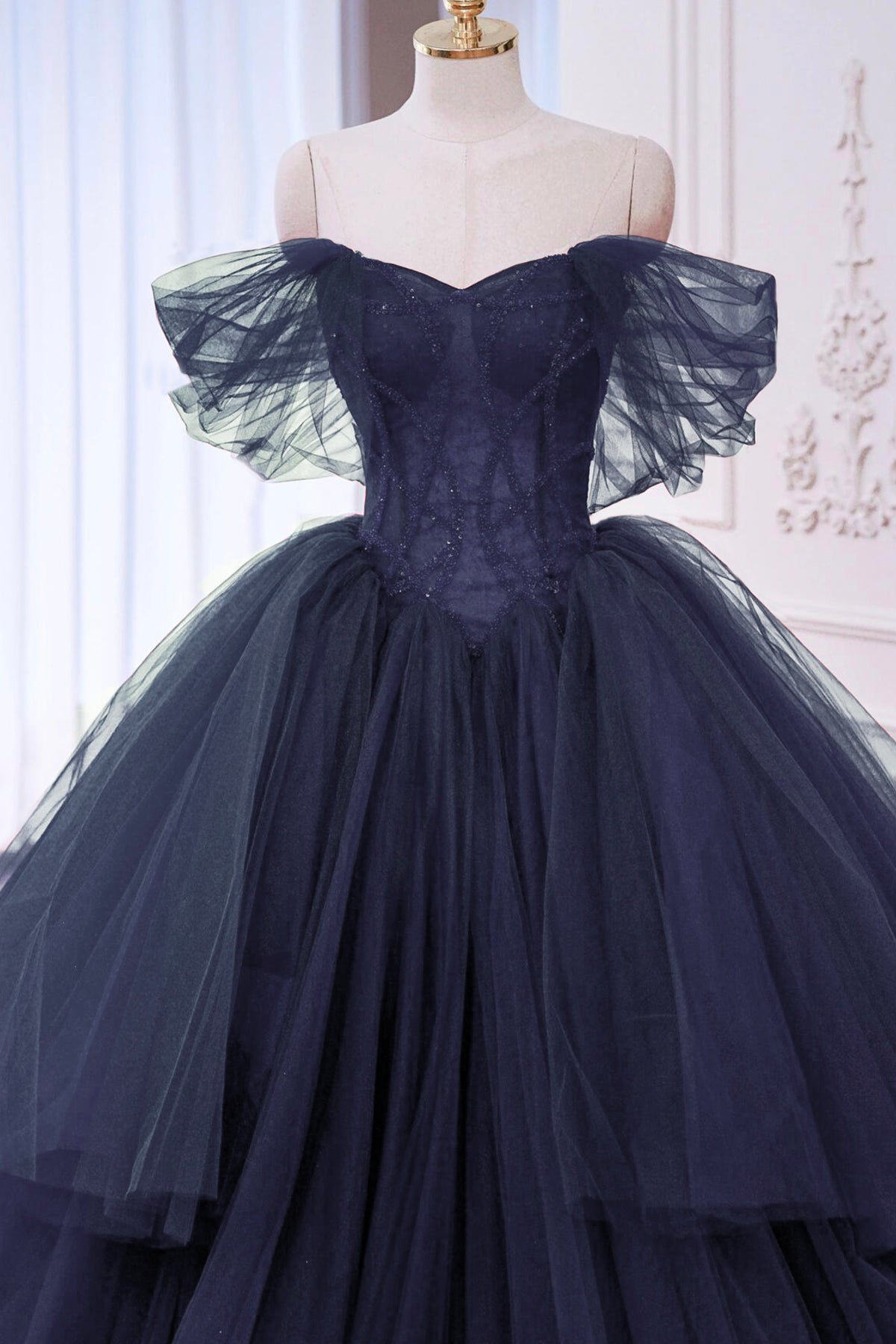 Navy Tulle Beads Long Prom Dress, Off the Shoulder Evening Party Dress