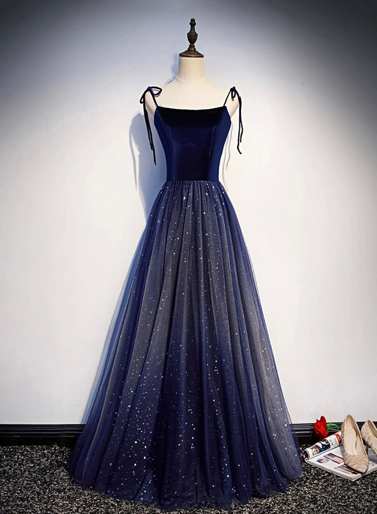 Dark Blue Velvet Tulle Floor Length Prom Dress, Beautiful A-Line Evening Party Dress