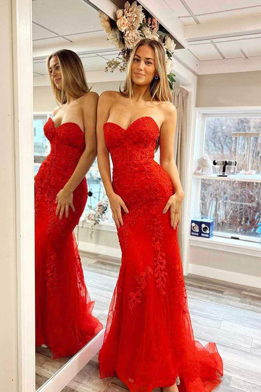 Red Strapless Lace Long Prom Dress, Red Mermaid Evening Party Dress