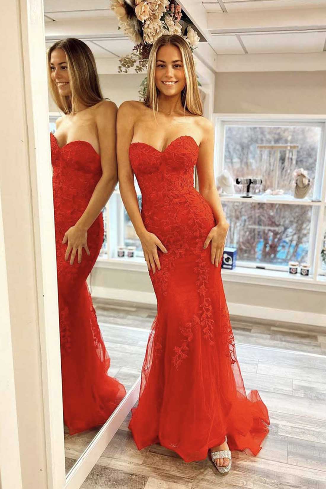 Red Strapless Lace Long Prom Dress, Red Mermaid Evening Party Dress