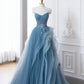 Blue Tulle Lace Long Prom Dress, Off the Shoulder Evening Party Dress