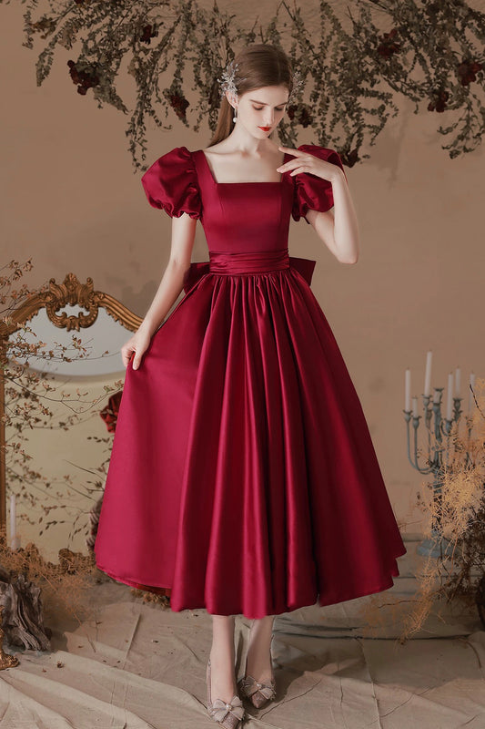 A-Line Satin Tea Length Prom Dress, Burgundy Short Sleeve Party Dress