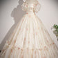 Elegant Floral Tulle Long Prom Dress, Champagne Short Sleeve Evening Dress