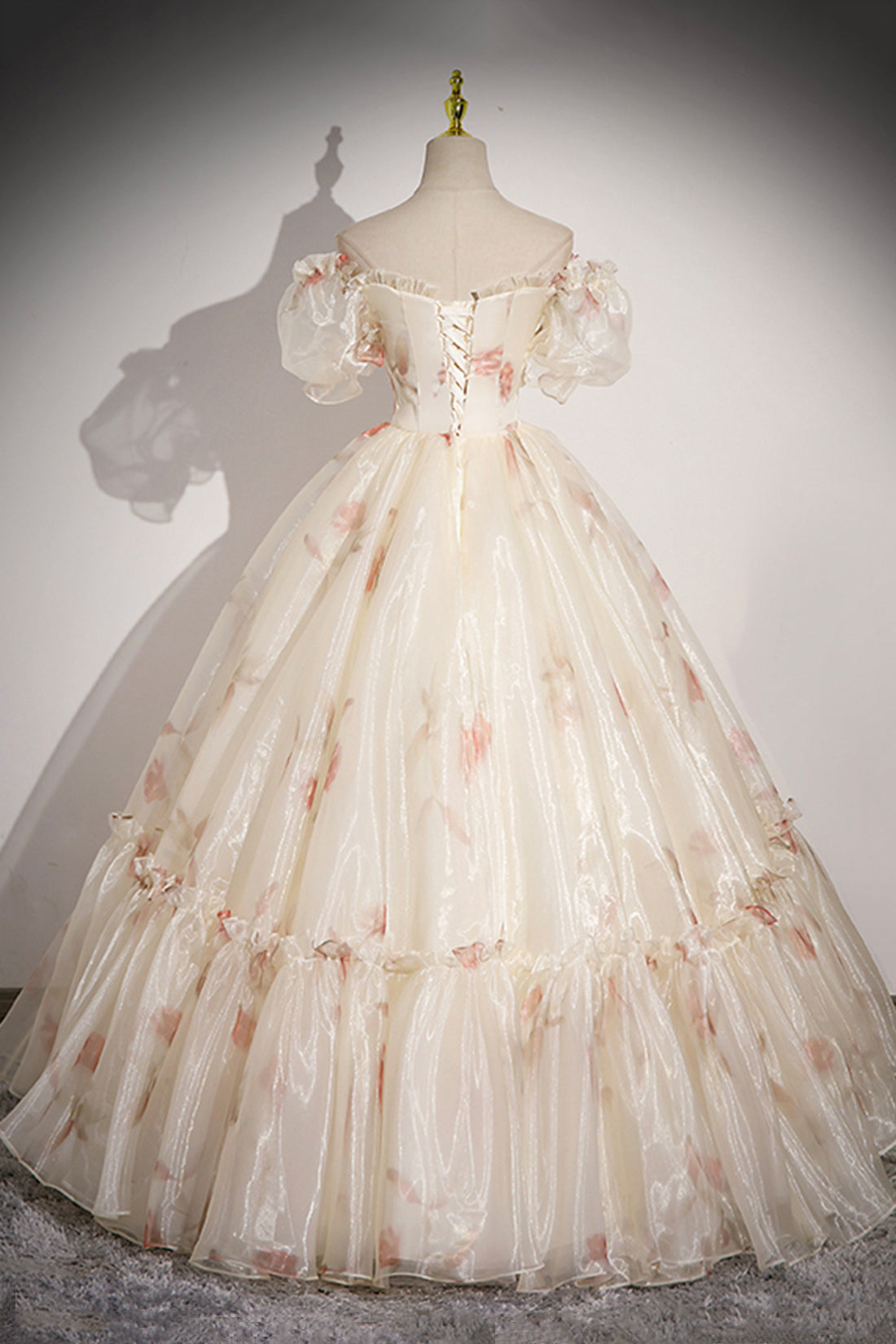 Elegant Floral Tulle Long Prom Dress, Champagne Short Sleeve Evening Dress