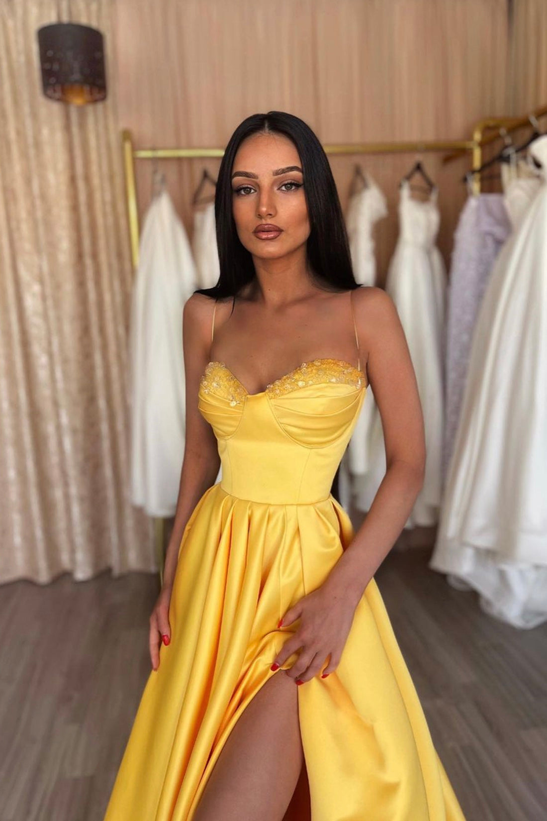Yellow High Side Split Satin Long Prom Dress, Sweetheart Spaghetti Strap A-Line Formal Dress