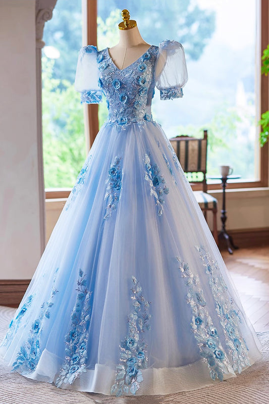 Blue V-Neck Tulle Lace Long Prom Dress, A-line Short Sleeve Party Dress