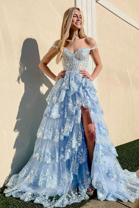 Blue Tulle Lace Long Prom Dress, Off the Shoulder Evening Dress Party Dress