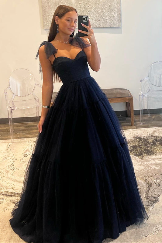 Blue Tulle Floor Length Prom Dress, Beautiful A-Line Evening Party Dress