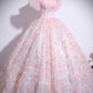 Pink Tulle Floral Long Prom Dress, Pink A-Line Off the Shoulder Party Dress