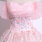 Pink Tulle Floral Long Prom Dress, Pink A-Line Off the Shoulder Party Dress