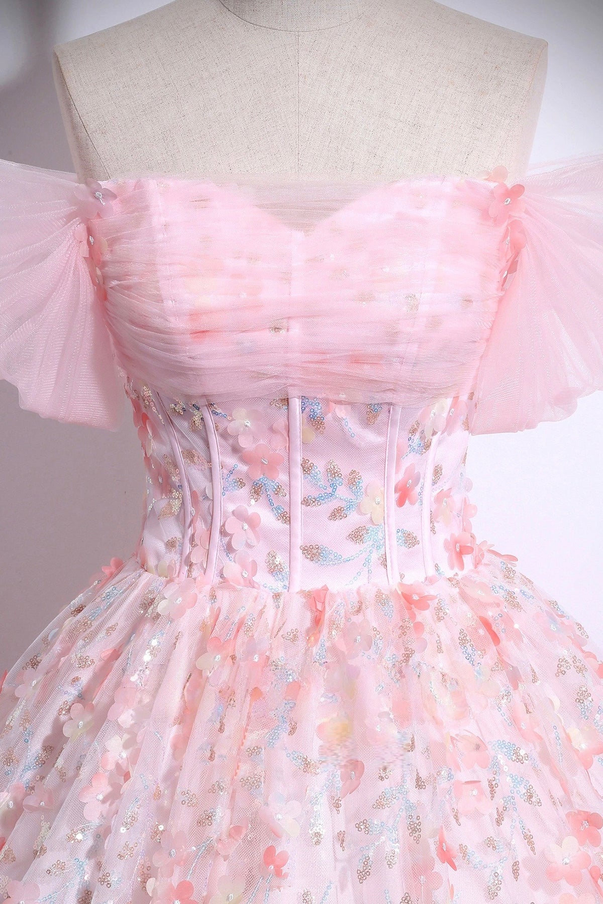 Pink Tulle Floral Long Prom Dress, Pink A-Line Off the Shoulder Party Dress