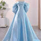 Blue Satin Floor Length Prom Dress with Bow