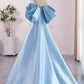 Blue Satin Floor Length Prom Dress with Bow