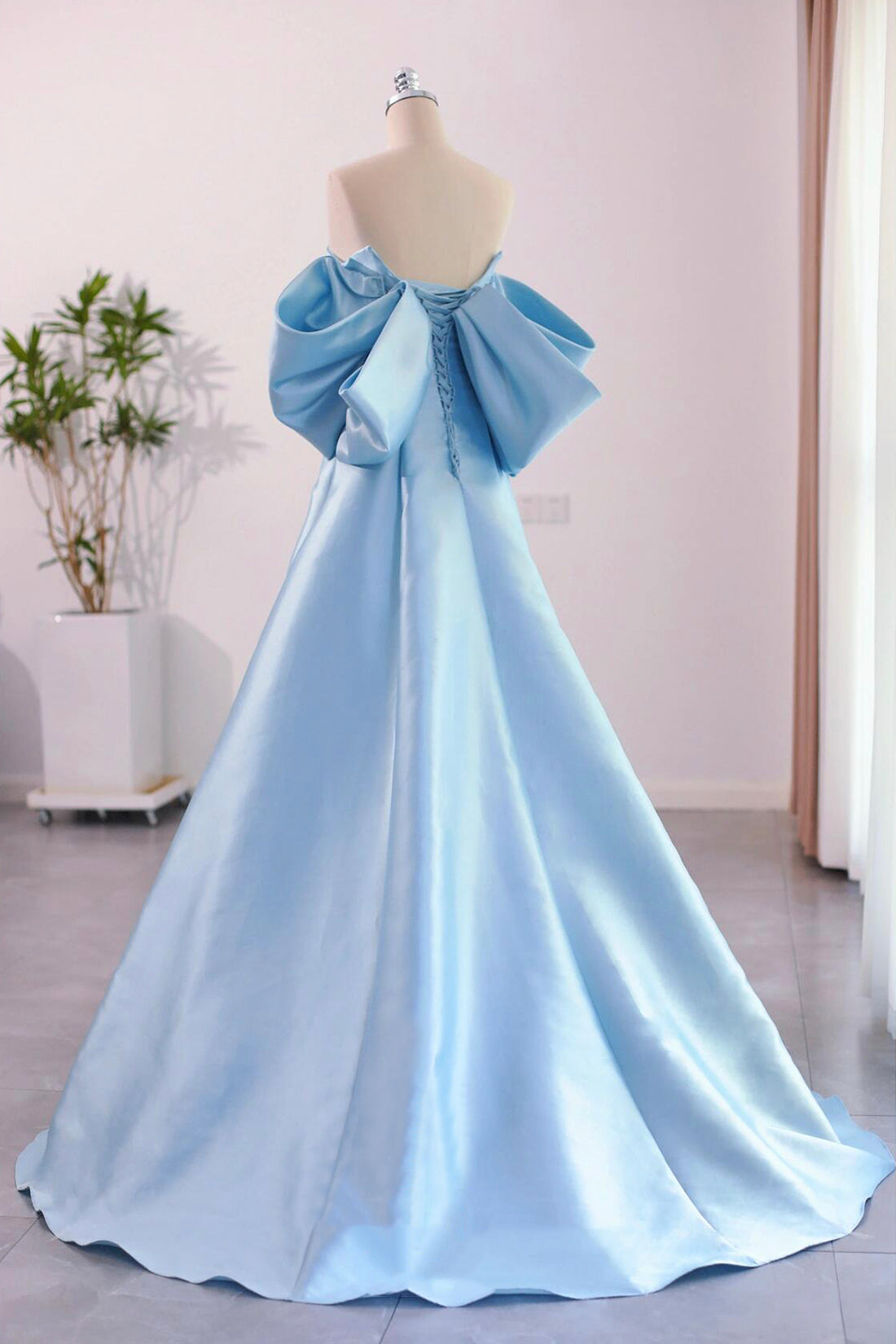 Blue Satin Floor Length Prom Dress with Bow