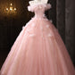 Pink Tulle Lace Long Prom Dress, Pink A-Line Off the Shoulder Party Dress