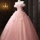 Pink Tulle Lace Long Prom Dress, Pink A-Line Off the Shoulder Party Dress