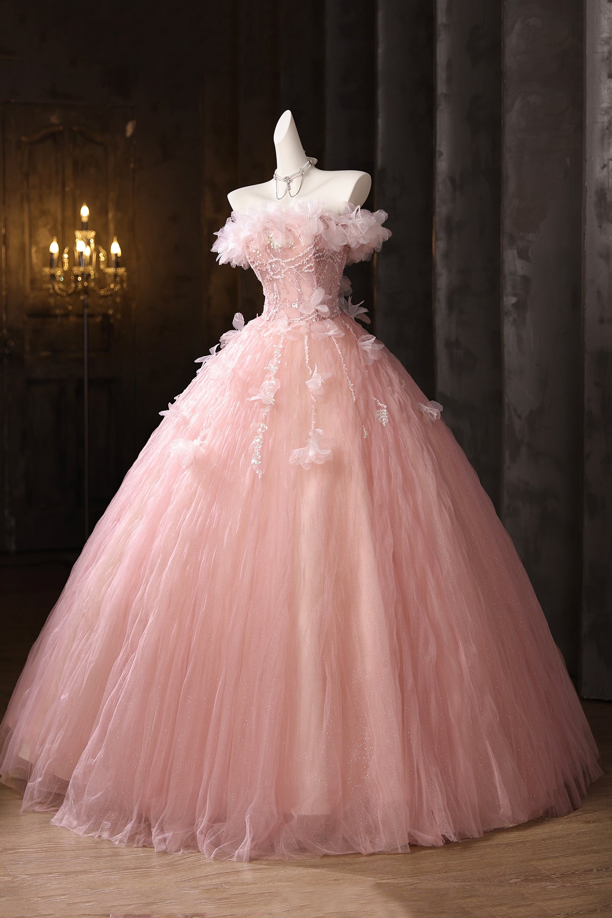 Pink Tulle Lace Long Prom Dress, Pink A-Line Off the Shoulder Party Dress