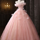 Pink Tulle Lace Long Prom Dress, Pink A-Line Off the Shoulder Party Dress