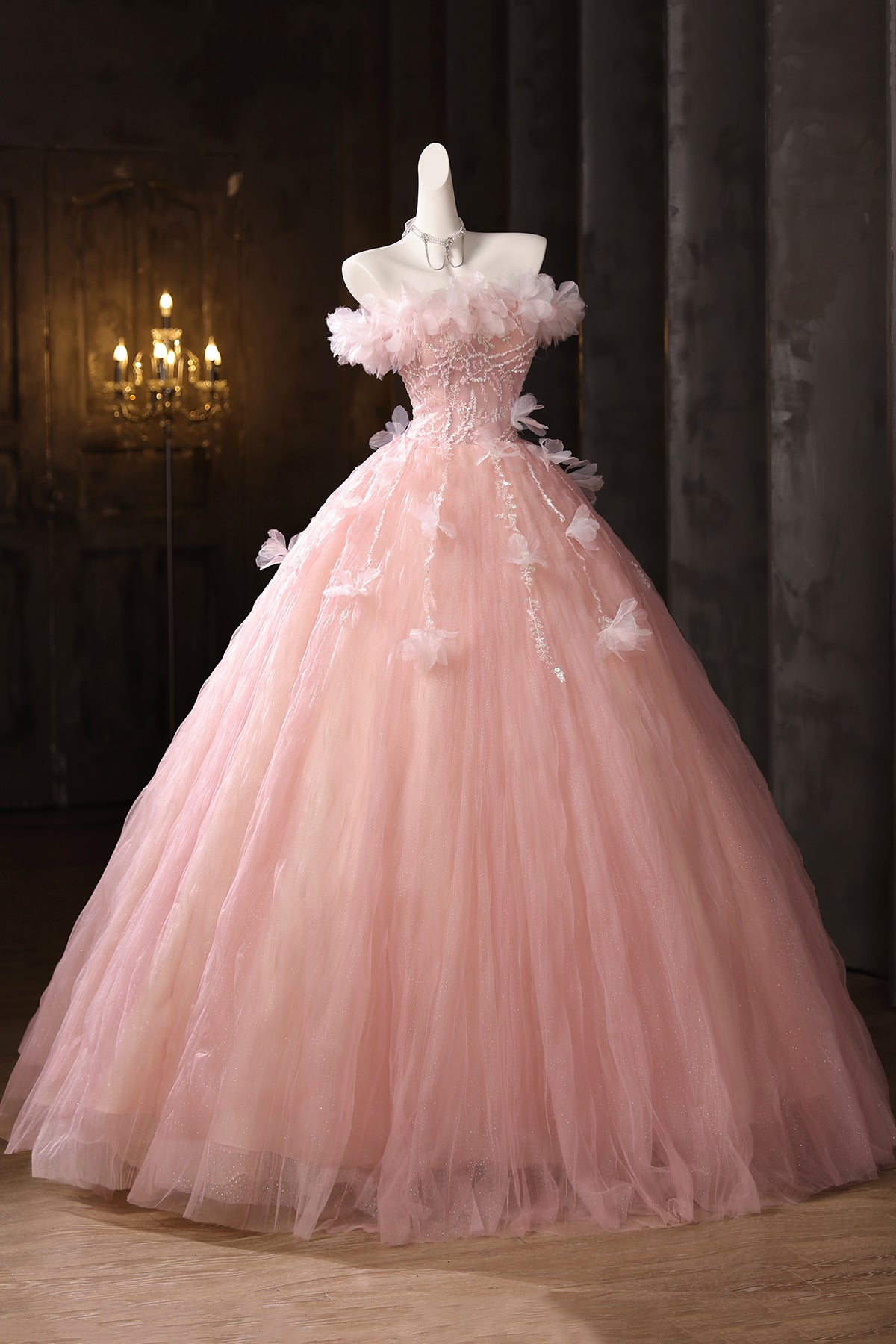 Pink Tulle Lace Long Prom Dress, Pink A-Line Off the Shoulder Party Dress