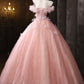 Pink Tulle Lace Long Prom Dress, Pink A-Line Off the Shoulder Party Dress