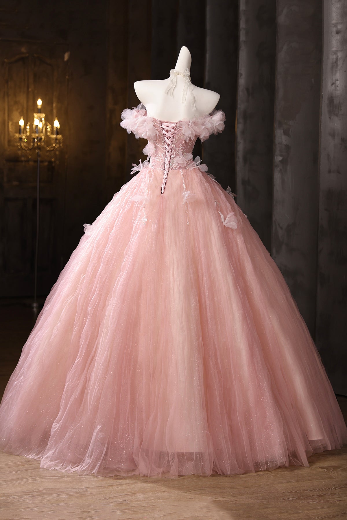 Pink Tulle Lace Long Prom Dress, Pink A-Line Off the Shoulder Party Dress