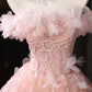 Pink Tulle Lace Long Prom Dress, Pink A-Line Off the Shoulder Party Dress