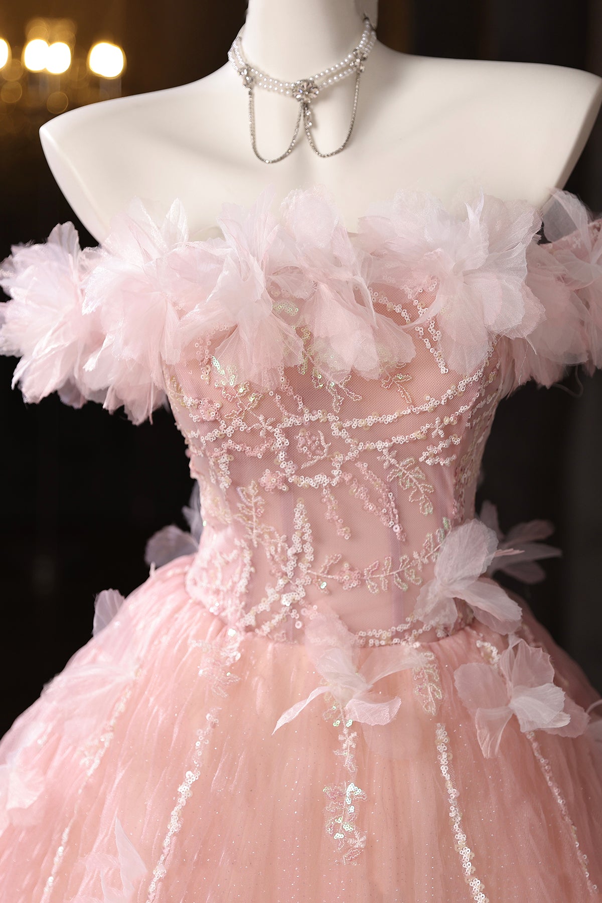 Pink Tulle Lace Long Prom Dress, Pink A-Line Off the Shoulder Party Dress